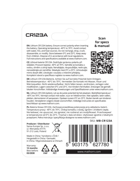 Bateria litowa Mathorn Ultimate CR123A 1500mAh Lithium MB-CR123A