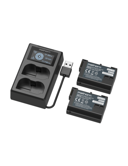 Zestaw zasilający Mathorn Power Kit MBS-E210: 2x Bateria MB-E210 Essential + Ładowarka MBC-D210 z LCD (zamiennik Nikon EN-EL15C)