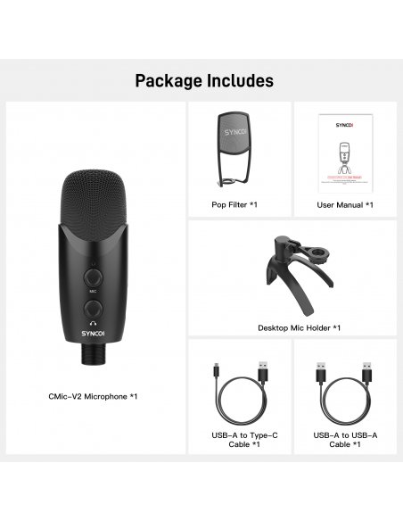 Synco V2 mikrofon USB z filtrem POP i odsłuchem - pojemnościowy